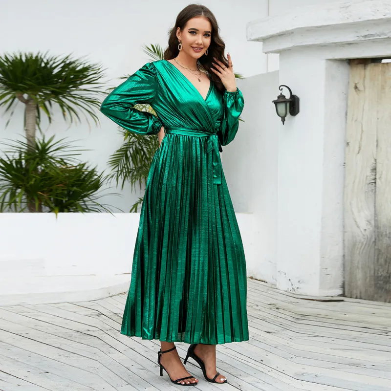 Women Elegant Plain V-Neck Pleated Long Sleeve Maxi Dress