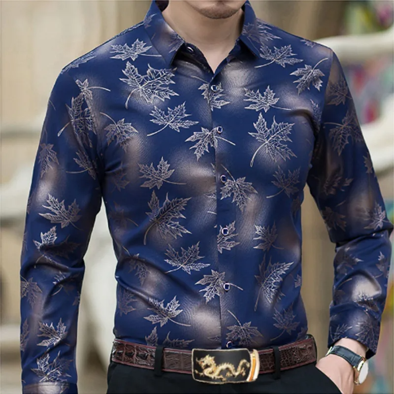 Men Fashion Casual 3D Maple Leaf Print Long Sleeve Lapel Shirt