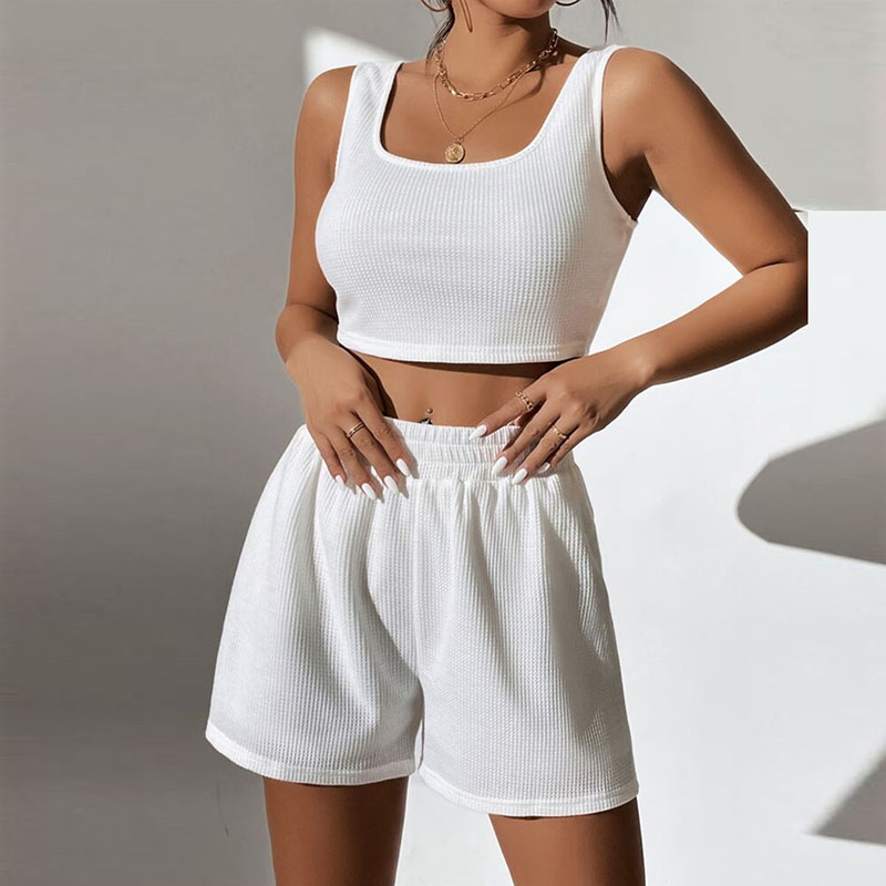 Women Fashion Casual Athleisure Summer Vacation Sleeveless Tank Top Loose Shorts Solid Color Rib-Knit Basic Set