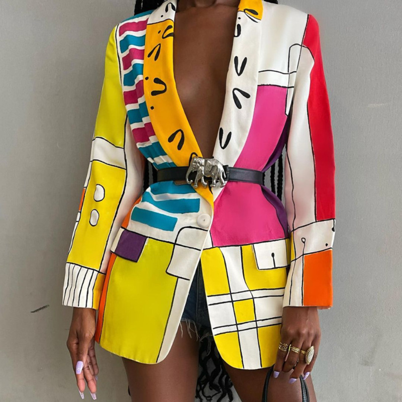 Women Fashion Color Blocking Graphic Print Button Long Sleeve Blazer