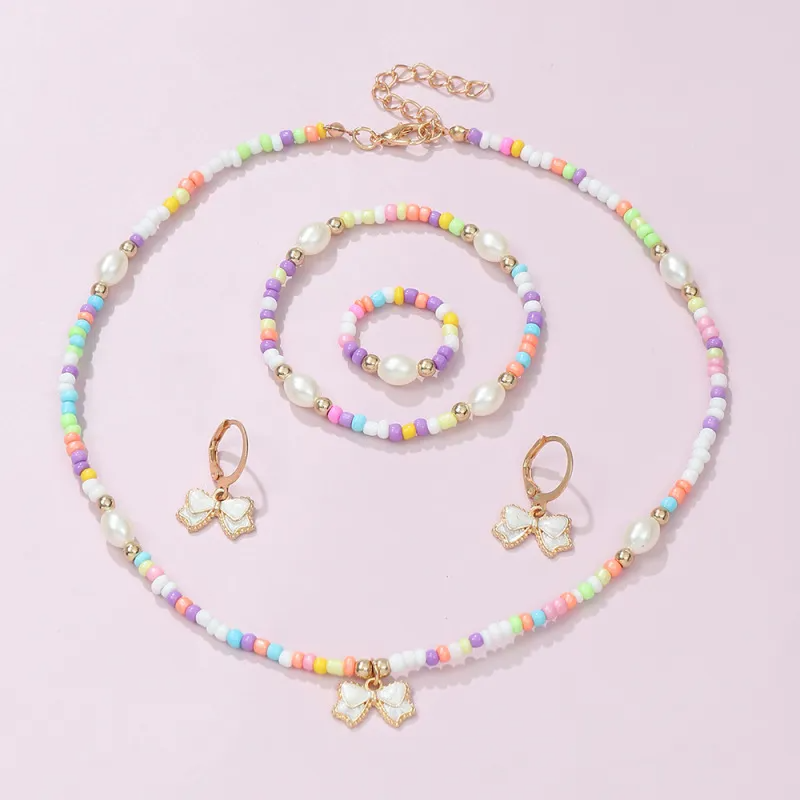 (Buy 1 Get 2) Children Kids Baby Fashion Girls Bowknot Pearl Bead Necklace Bracelet Earrings Ring Set