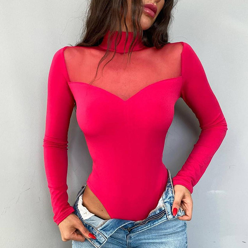 Women Fashion Solid Color Mesh Patchwork Long-Sleeved Bodysuit