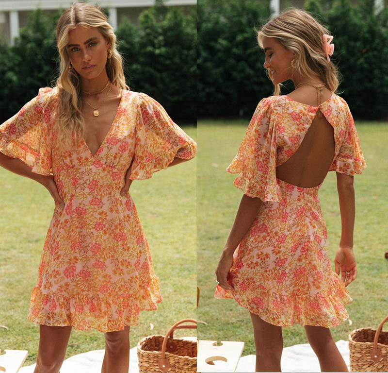 Women Fashion Vacation Sexy Floral Printing Flare Sleeve Backless V-Neck Dress