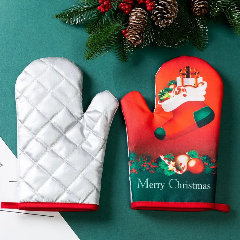 (Buy 1 Get 1) Kitchen Household Heat Insulation Anti-Scalding Christmas Printing Oven Microwave Gloves Set