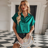 Fashion Women Office Elegant Solid Color Satin Short Sleeve Button Raglan Shirt Blouse