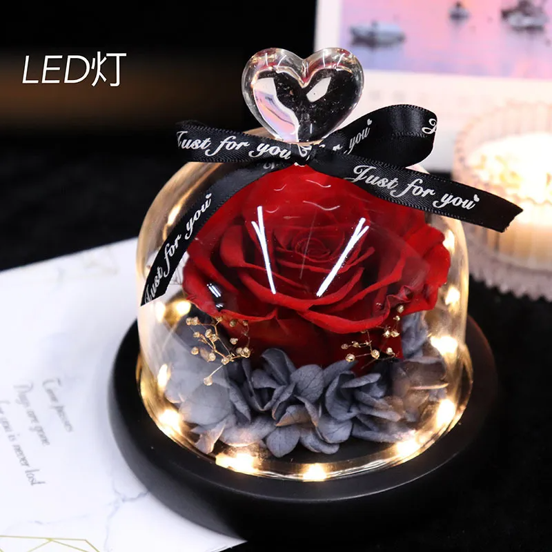 Christmas Immortal Flower With Lights Small Love Heart Glass Cover Natural Rose Valentine'S Day Gift