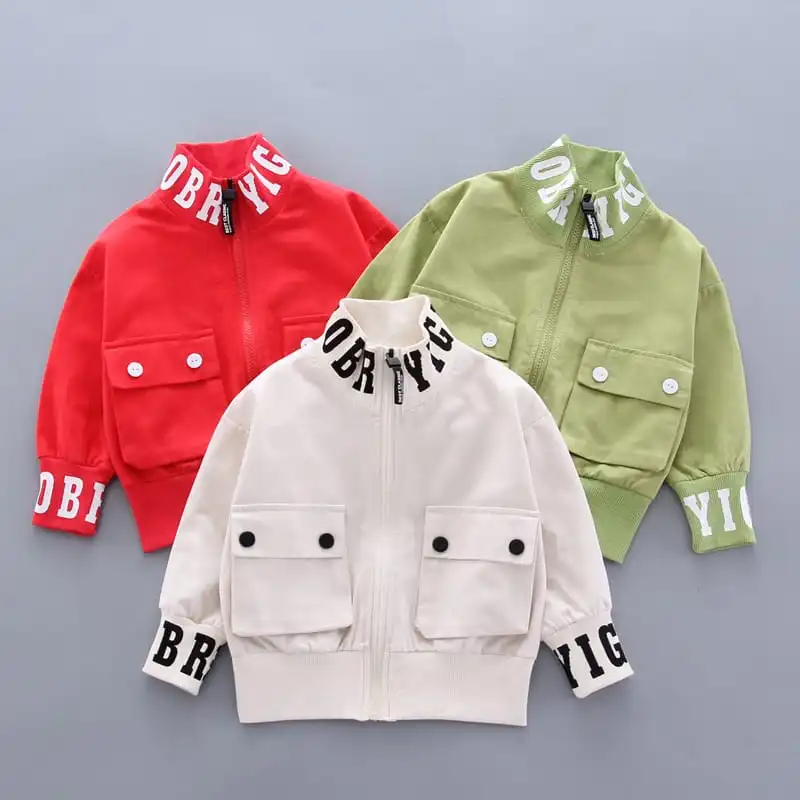 Kids Letter Pattern Pocket Design Zipper Coat