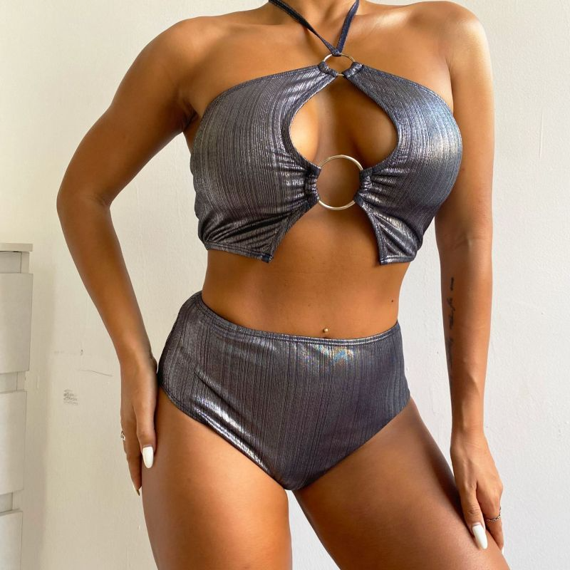 Silver And Black Sexy Women Hollow Lace-Up Halter Neck Tight Swimwear