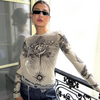 Women'S Fashion Round Neck Long Sleeve Printed Sheer Top