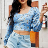 Women'S Fashion Puff Sleeve Tiny Flower Printing Square Neck Long Sleeve Denim Shirt