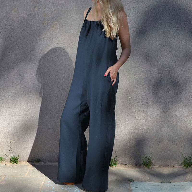 Women Fashion Sling Backless Lace-Up Loose Jumpsuits