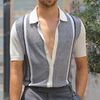 Men Casual Simple Lapel Knitted Striped Contrast Color Short-Sleeved Fit Polo Shirt