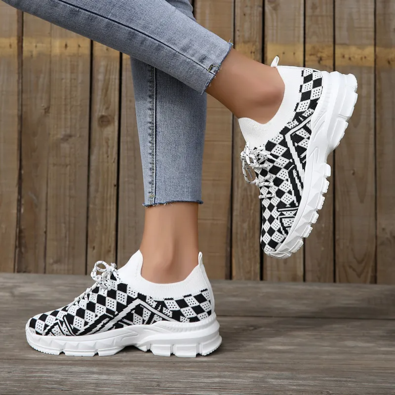 Women Fashion Casual Geometric Print Fly-Woven Lace-Up Sneakers