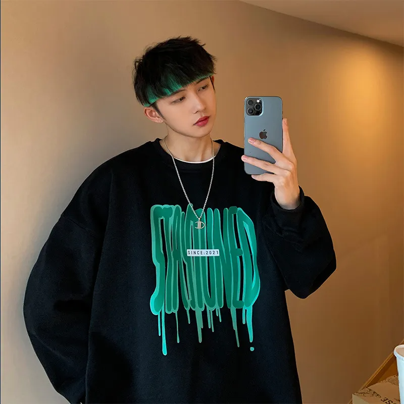 Men'S Fashion Letter Print Long-Sleeved Round Neck Loose Sweatshirt