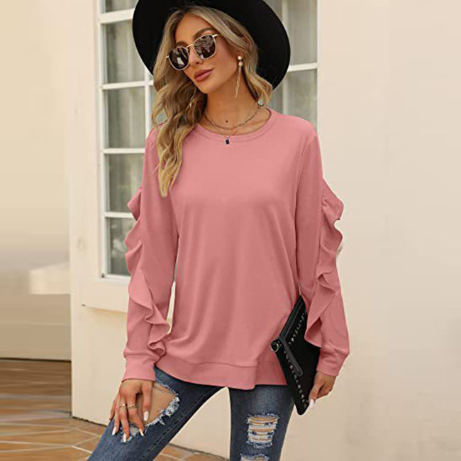 Autumn Winter Women Casual Round Neck Long Sleeve Ruffled Sweatshirt