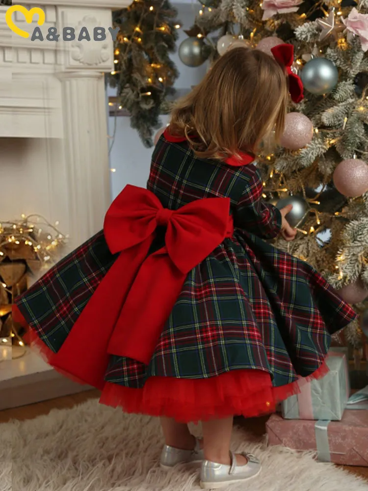 Kids Toddler Girls Fashion Casual Christmas Lapel Long Sleeve Plaid Dress