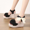 Women Fashion Plus Size Floral Ribbon Frosted Wedge Heel Open Toe Platform Shoes