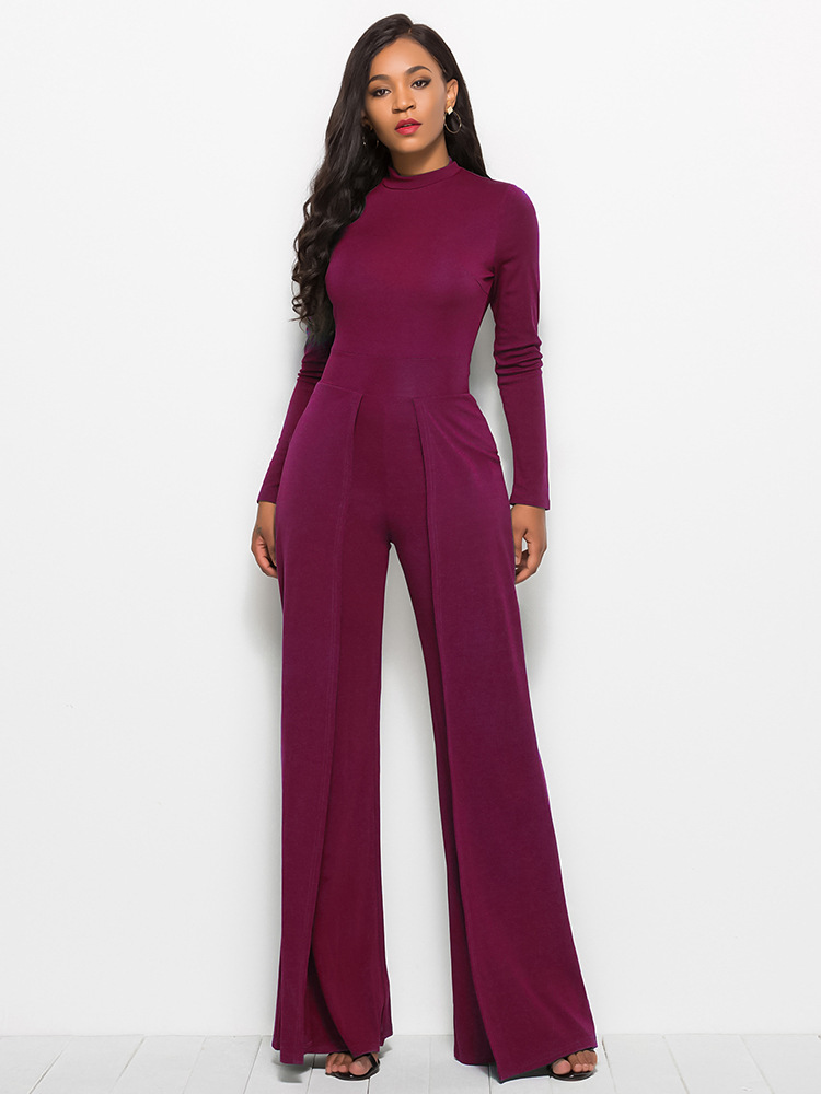 Women Solid Color Round Neck Long Sleeve Waist Slim Fashion Wide Leg Jumpsuit