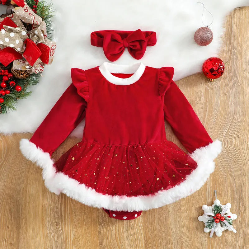 Kids Baby Girls Casual Cute Christmas Round Neck Long Sleeve Romper Dress