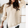 Autumn Winter Women Round Neck Side Zipper Solid Color Casual Sweatshirt