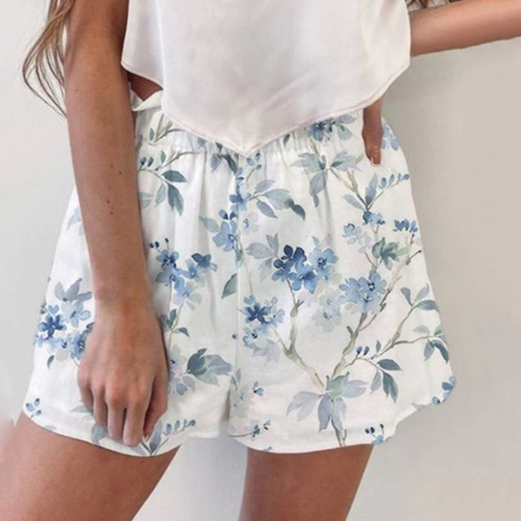 Women'S Fashion Casual Vacation Tiny Floral Printing Elastic Waist Shorts