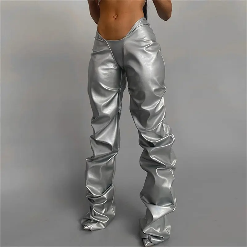 Women Fashion Solid Color Creased PU Leather Trousers