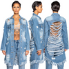 Women'S Fashion Ripped Fringed Long Sleeve Denim Jacket