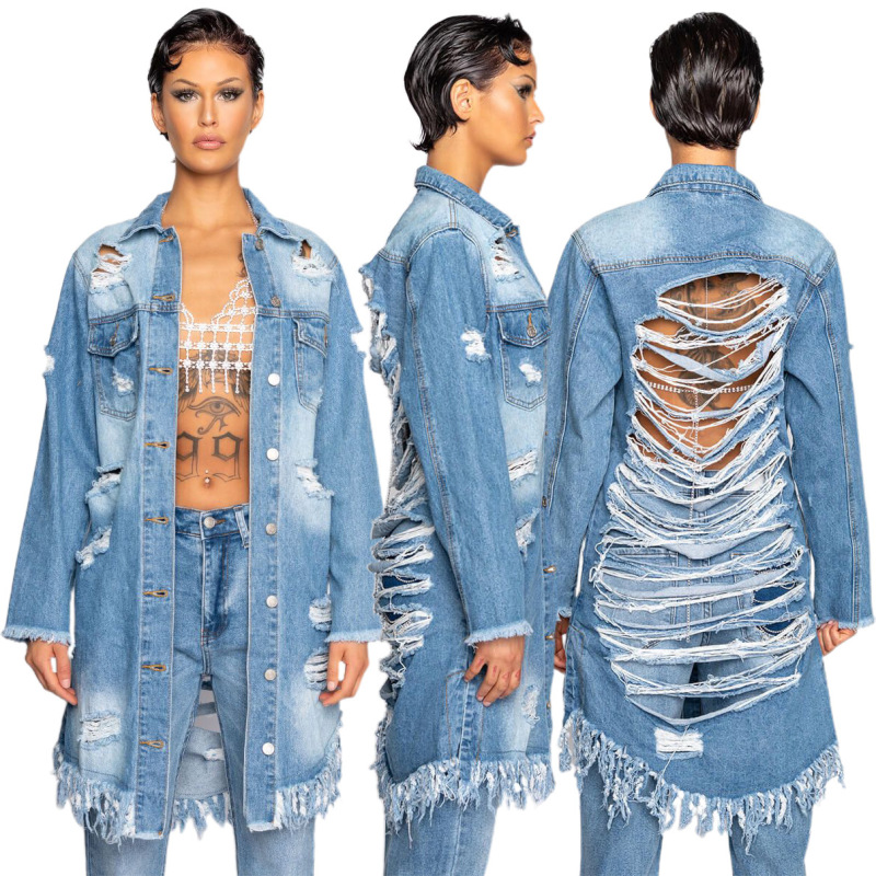 Women'S Fashion Ripped Fringed Long Sleeve Denim Jacket