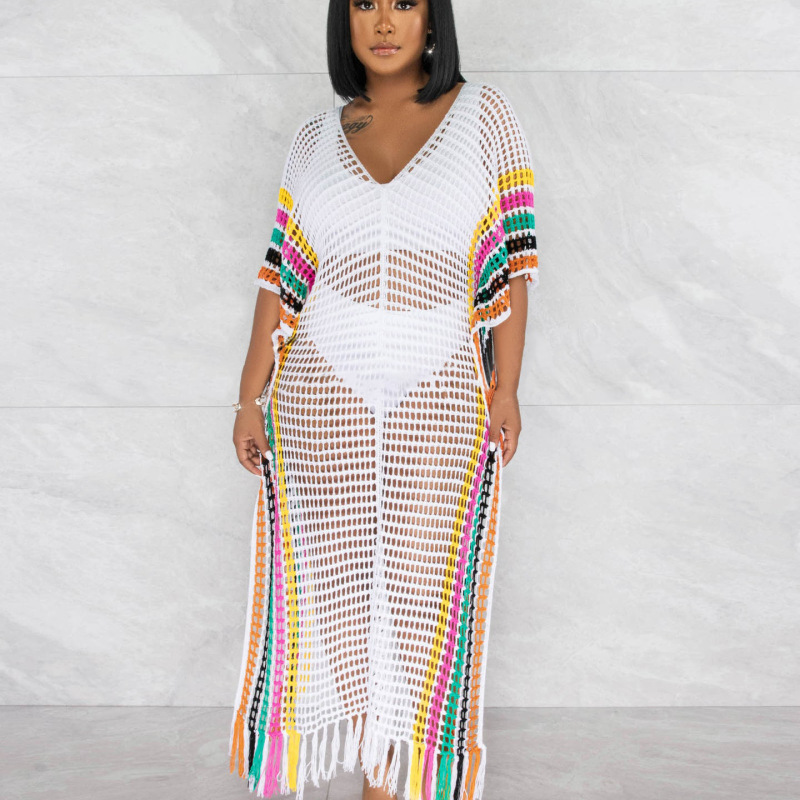 Women Summer Vacation Rainbow Color V Neck Hollow Knitted Tassel Coverup