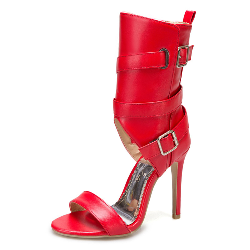 Women Fashion Sexy Solid Color Shoe-Buckle Zipper High-Heeled Sandals