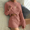 Women Casual Cozy Style Round Neck Long-Sleeved Wide-Leg Shorts Waffle Comfortable Two-Piece Loungewear Set