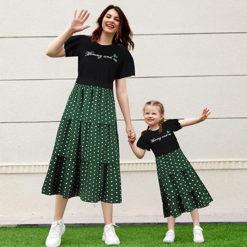 Fashion Family Matching Puff Sleeve Letter Polka Dot Printing Casual Mother-Daughter Dress