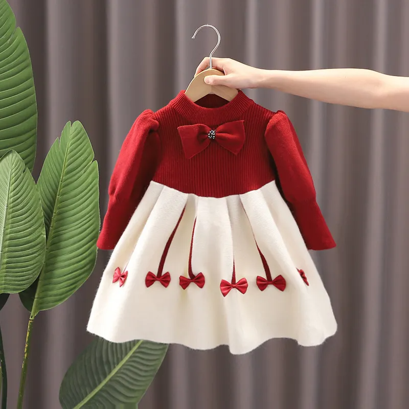 Kids Toddler Girls Autumn Winter Fashion Rest Simple Color Matching Bow Round Neck Sweater Pleated Dress