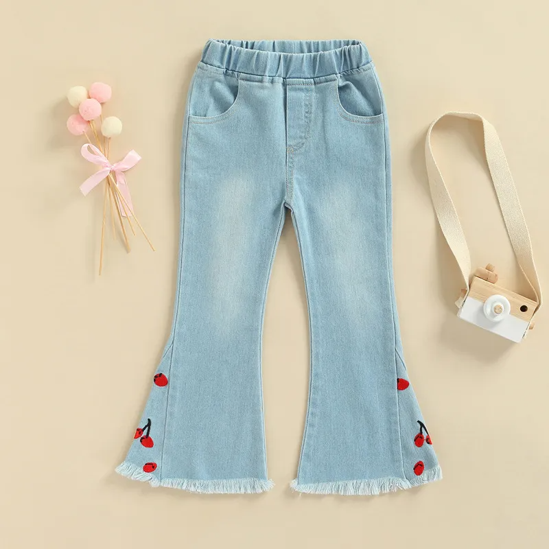 Children Kids Baby Fashion Girls Embroidered Denim Flared Pants