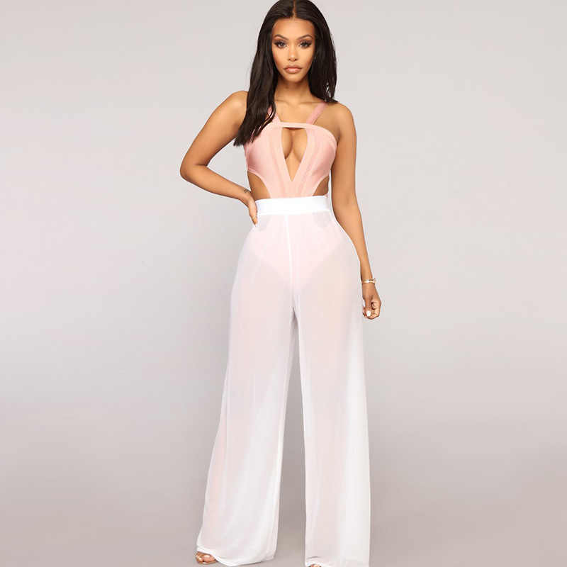 Solid Color Women Sexy Solid Mesh See-Through Casual Wide-Leg Pants