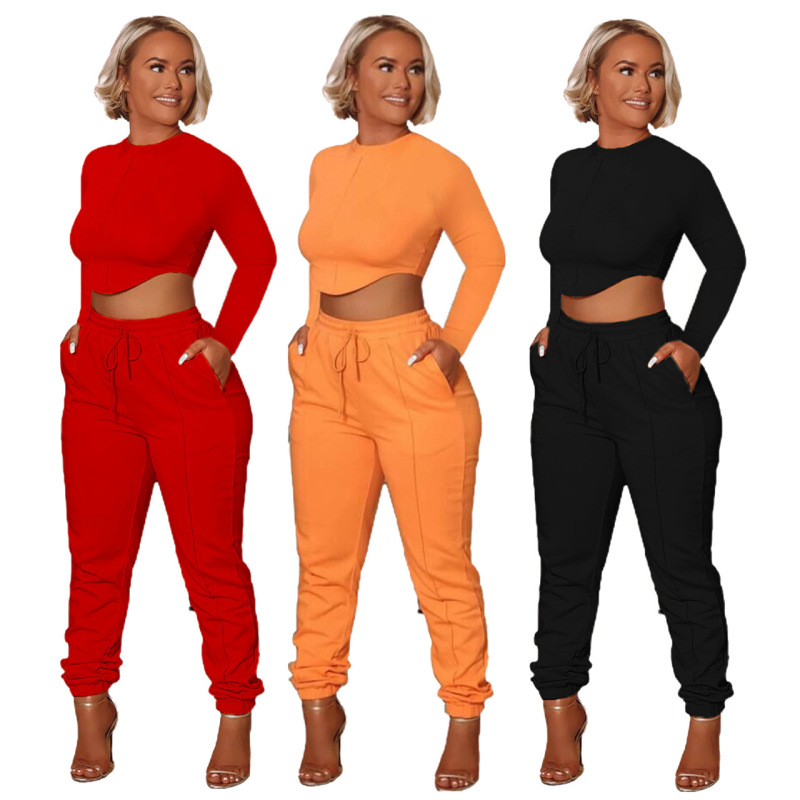 Women Solid Color Crew Neck Long Sleeve Cropped Top And High Waist Pants Fashionable Two-Piece Set