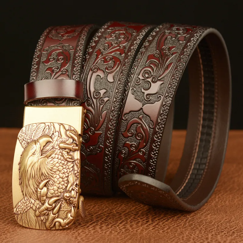 Men Fashion Casual Business Solid Color Embossed Leather Eagle Metal Buckle Belt