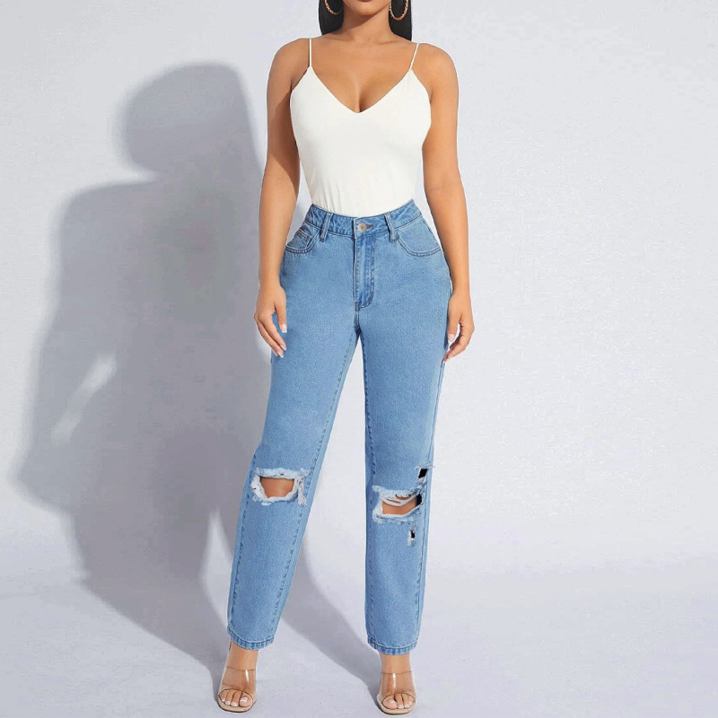 Women Fashion Plus Size Ripped Straight Jeans