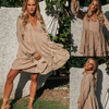 Women'S Fashion Casual Boho V-Neck Lace-Up Lantern Sleeves Double Ruffled Dress