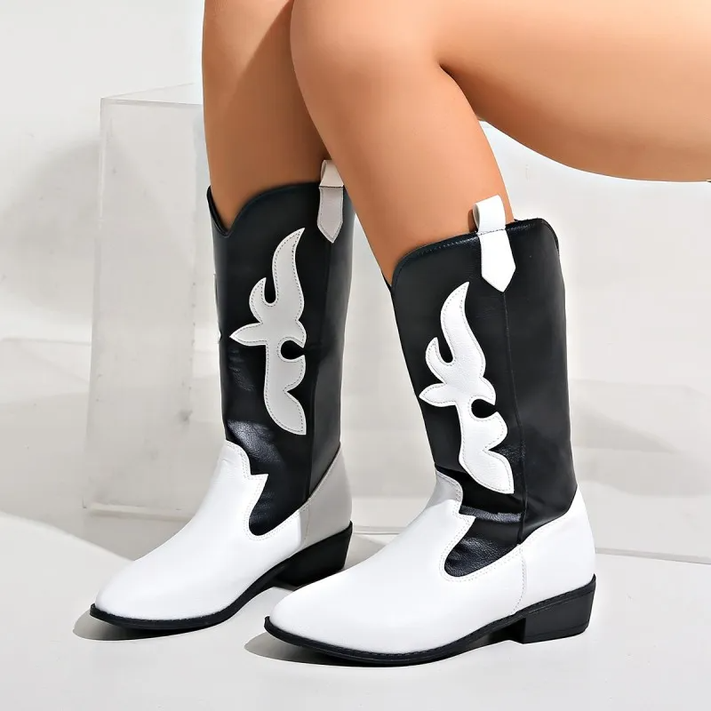 Women Fashion Plus Size Geometric Stitching Point Toe Knights Mid-Calf Boots