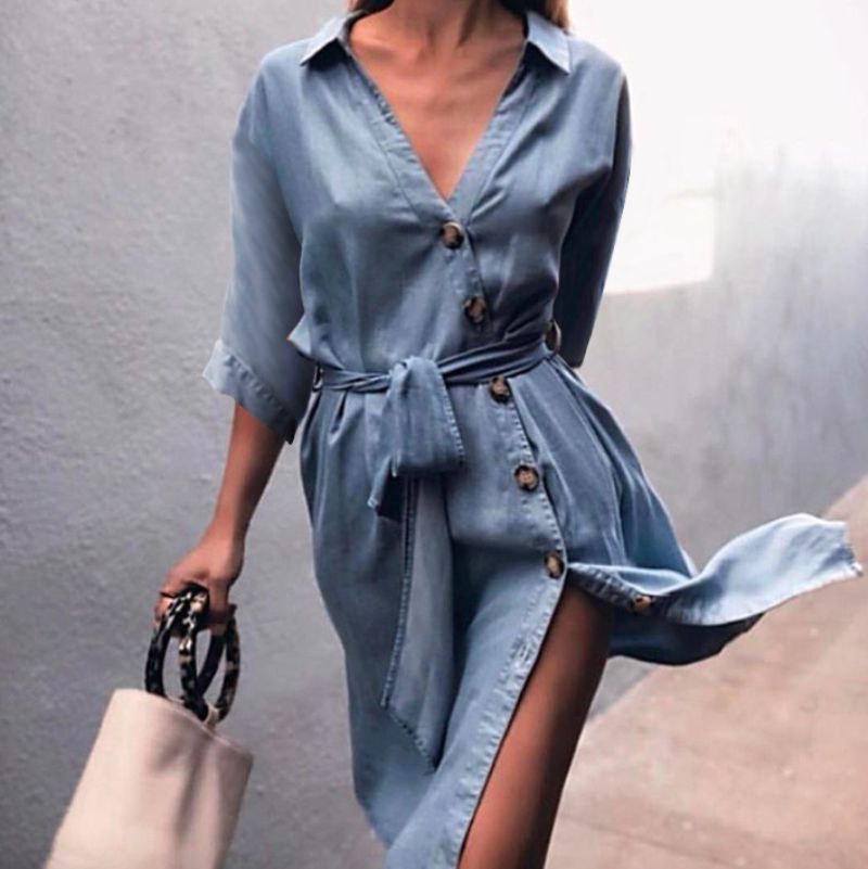 Women Casual Sash Half-Sleeve Shirt Collar Side-Slit Denim Dress