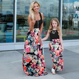 Fashion Summe Rvacation Floral Print Mother And Daughter Splicing Maxi Family Dress