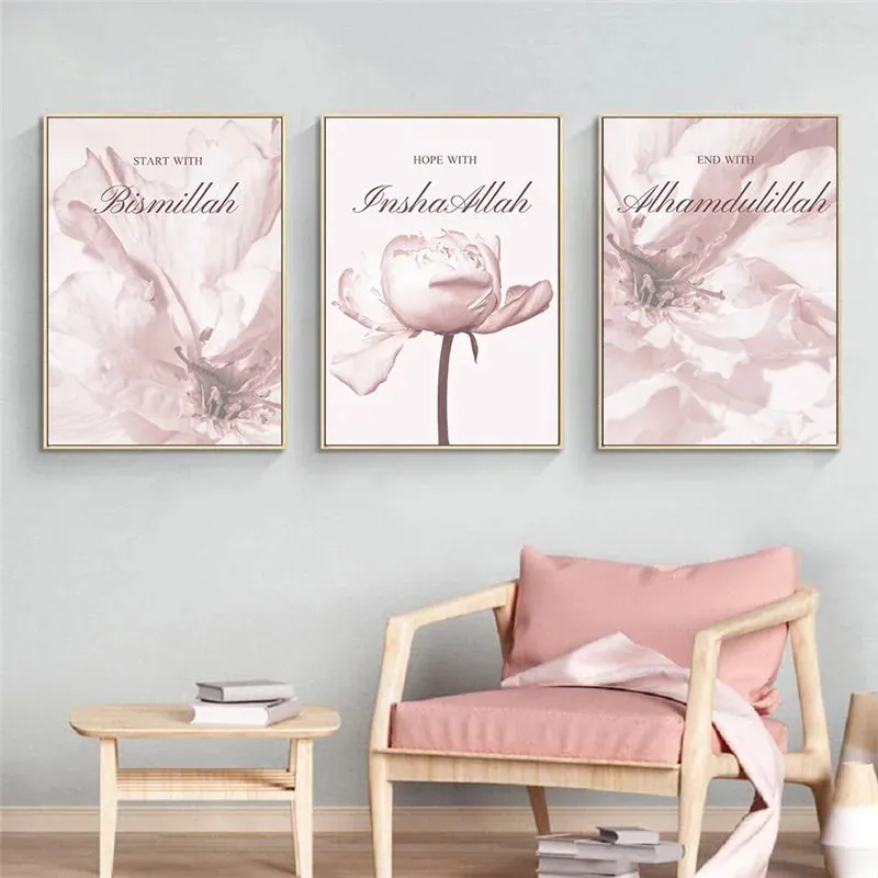 (Buy 1 Get 2) Simple Nordic Pink Arabian Flowers Frameless Painting Core Living Room Wall Decoration