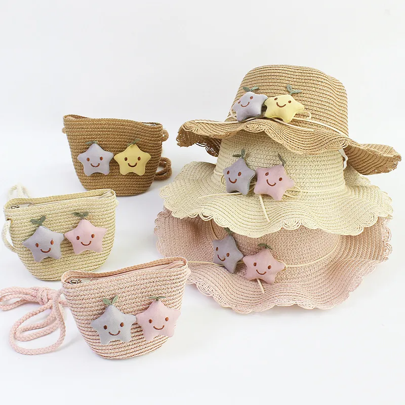 Kids Fashion Beach Straw Hat + Star Straw Crossbody Bag