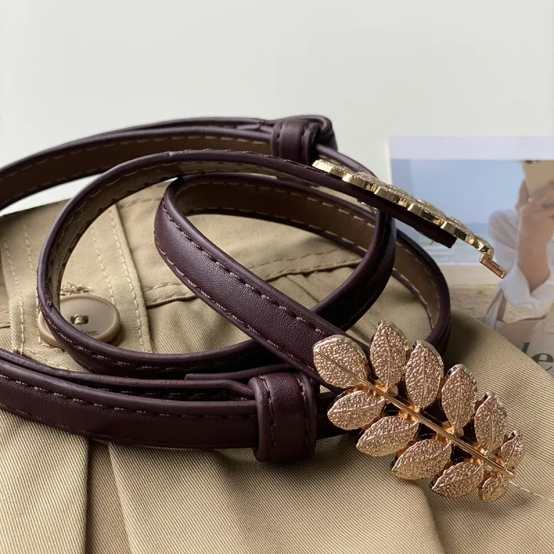 Women Fashion Gold Alloy Leaf Pair Buckle Brown Belt