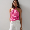 Women Fashion Summer Halter Neck Strap Backless Solid Satin Top