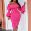 Women Fashion Sexy Solid Color Off-The-Shoulder Flare Sleeve Tight Dress