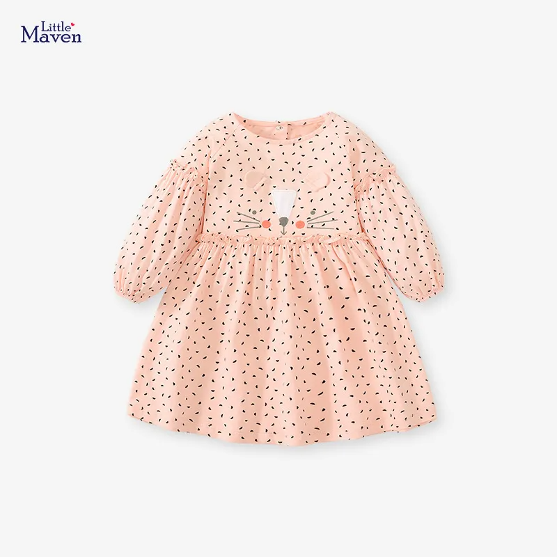 Kids Toddler Big Girls Summer Fashion Casual Sweet Cotton Solid Color Tiny Flower Round Neck Long Sleeve Dress