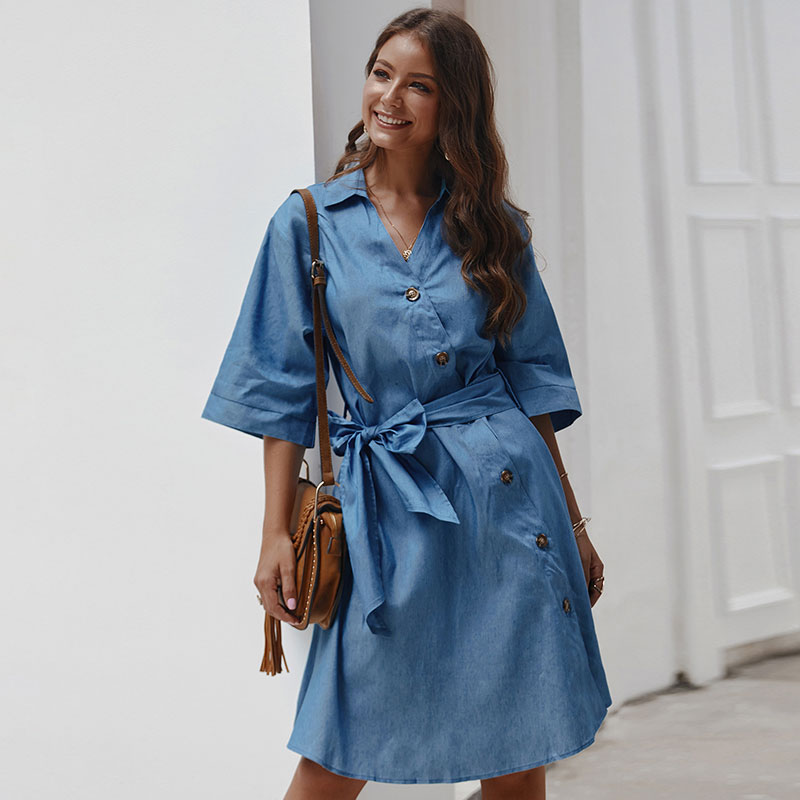 Fashion Lapel Single-Breasted Lace-Up Casual Denim Dress