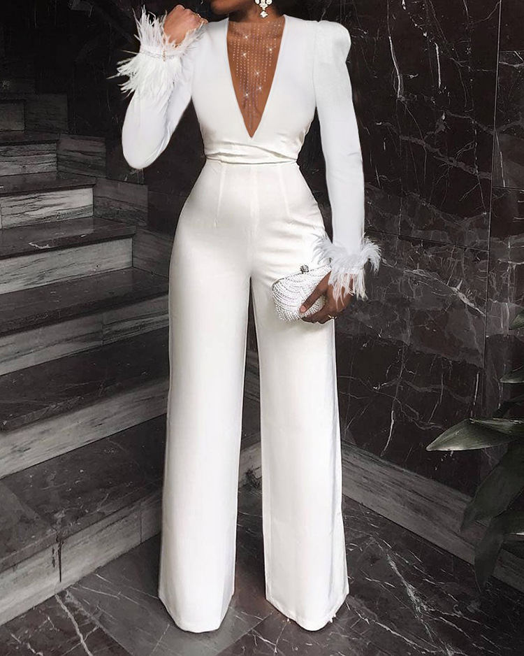 Women Solid V-Neck Mesh Feather Patchwork Long Sleeve Neck Waist Wide Leg Jumpsuit